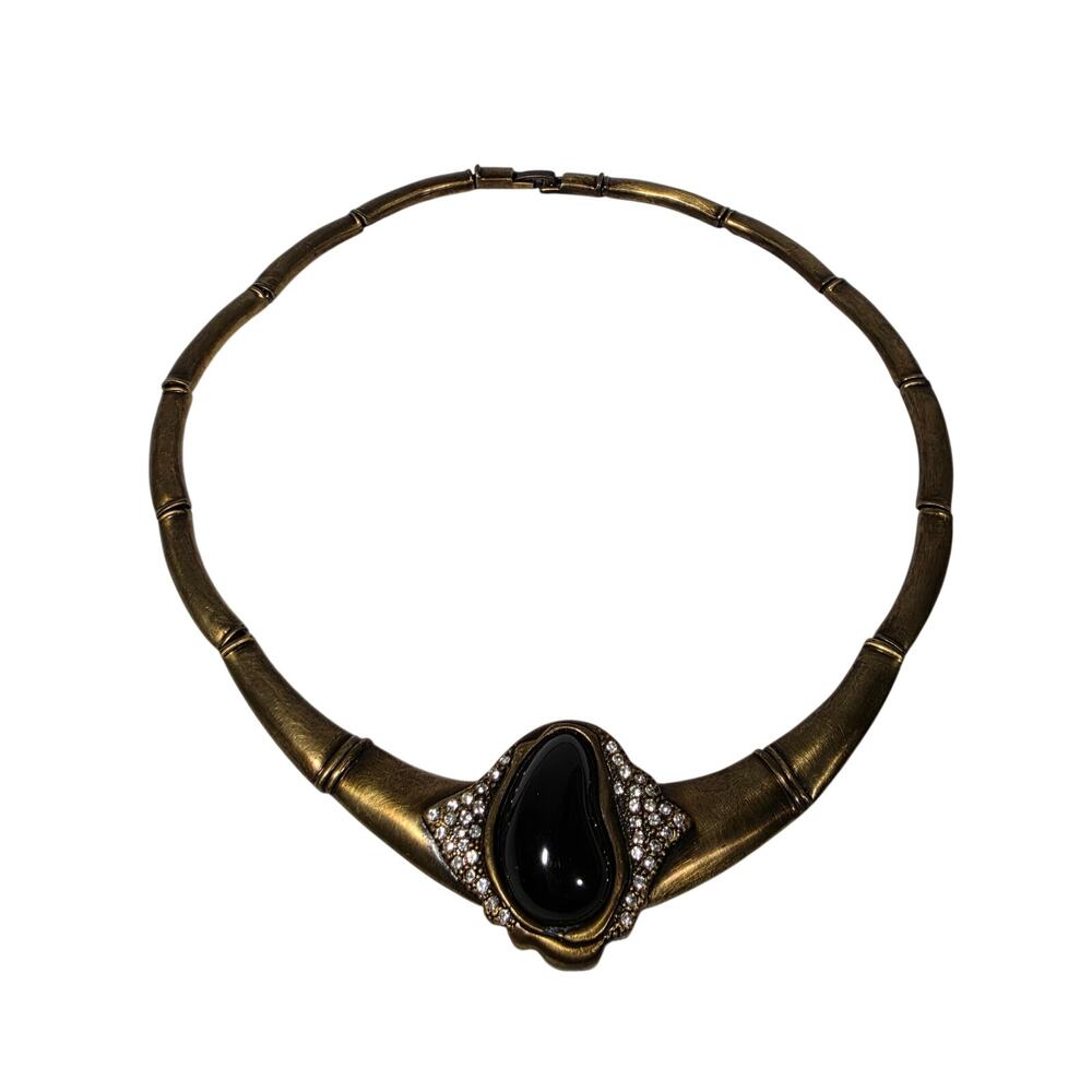VINTAGE 70' 80' Antiqued-Gold Stunning BLACK Onyx Center Choker COLLAR Necklace.